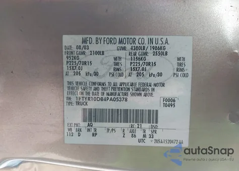 2004 Ford Ranger Xl/Xlt из США, поврежденный, VIN 1FTYR10D84PA05378